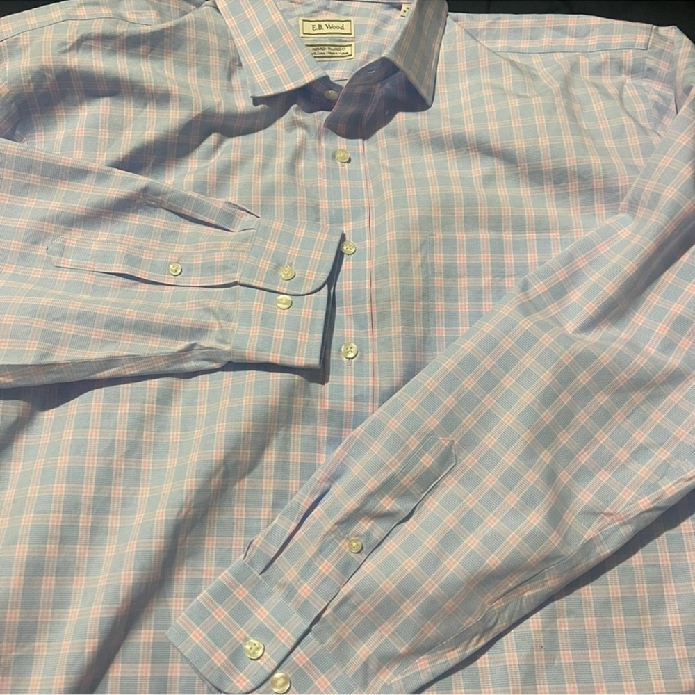 E. B. Wood Men's Blue and Pink Checkered Dress Shirt Sz 18 (36-37)